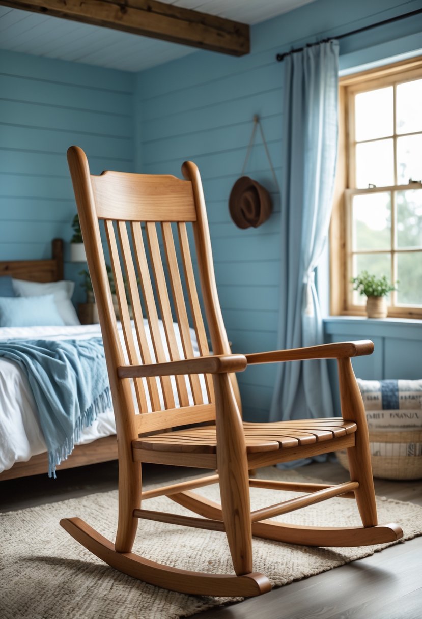A wooden rocking chair in a blue bedroom with a bed, wooden furniture, and natural light.
