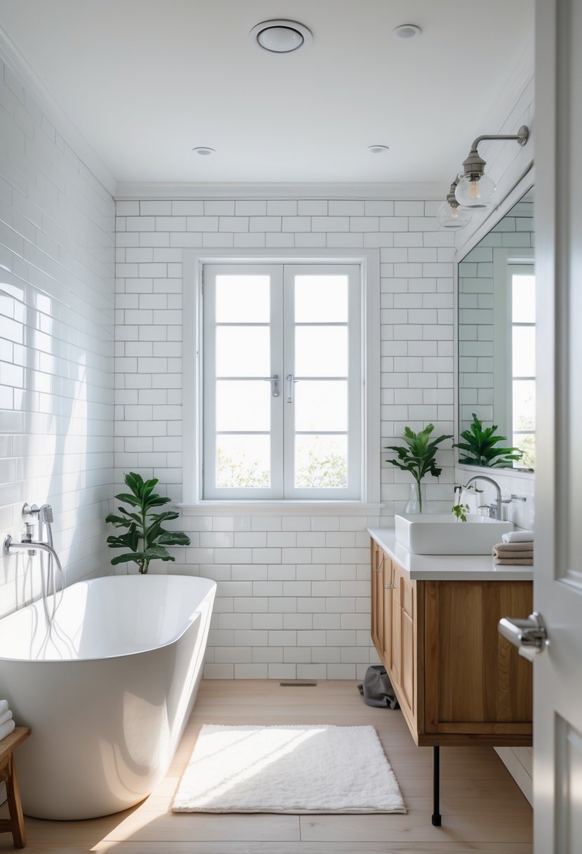 A bathroom with white tiled walls, a freestanding bathtub, wooden vanity, and a large mirror.