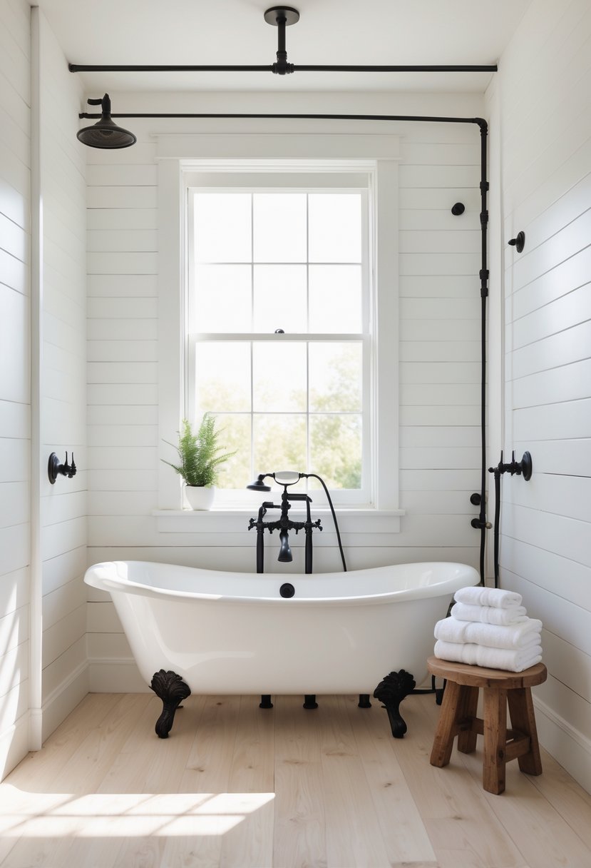 A bright bathroom with a white clawfoot bathtub, wooden floor, and a window letting in natural light.