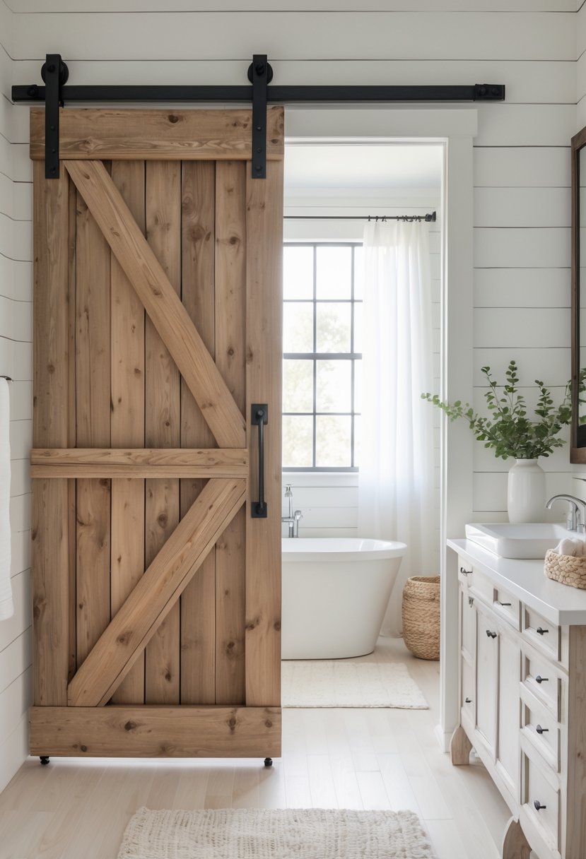 A bathroom with a sliding barn door entry, a freestanding bathtub, wooden vanity, and natural light coming through a window.