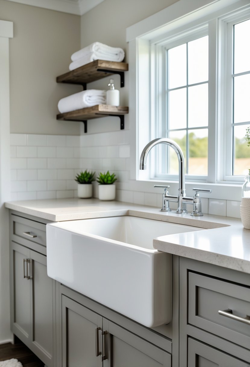 A bright bathroom with a large white apron-front sink, chrome faucet, and light-colored countertop under natural light.