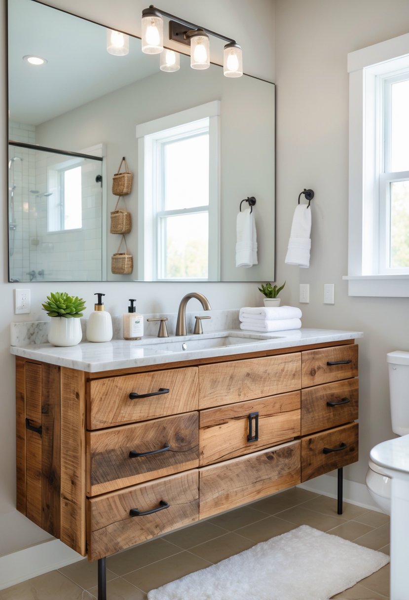 A bathroom with a wooden vanity, white countertop, sink, mirror, and natural light coming through a window.