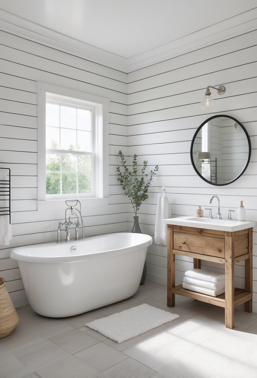 A bright bathroom with white wooden walls, a freestanding bathtub, a wooden vanity with a round mirror, and green plants.