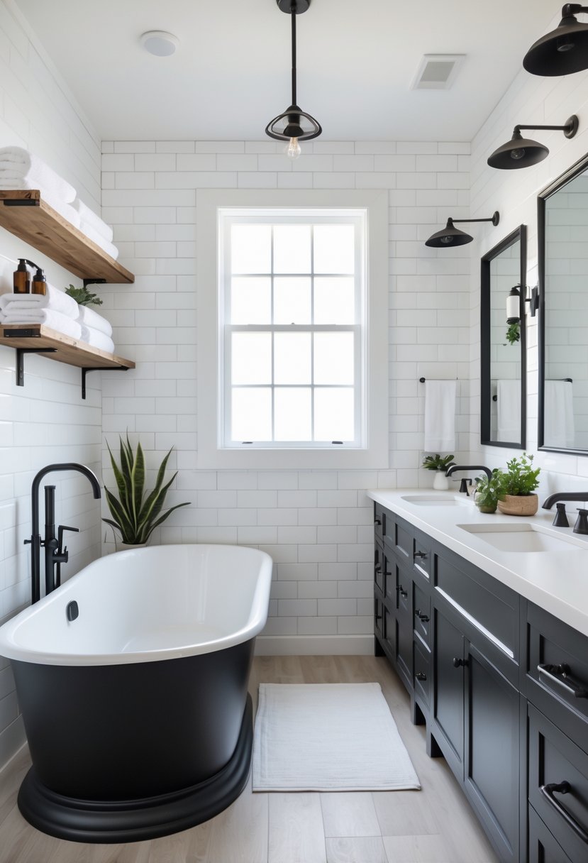 A bright bathroom with a freestanding bathtub, double vanity, and walk-in shower, all featuring black matte fixtures.