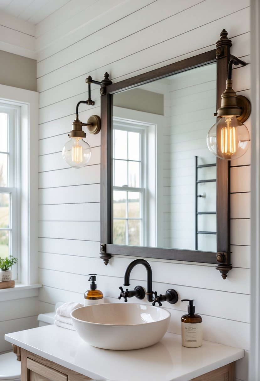 A bright bathroom with a wooden vanity, white countertop, mirror, and two wall sconces emitting warm light.