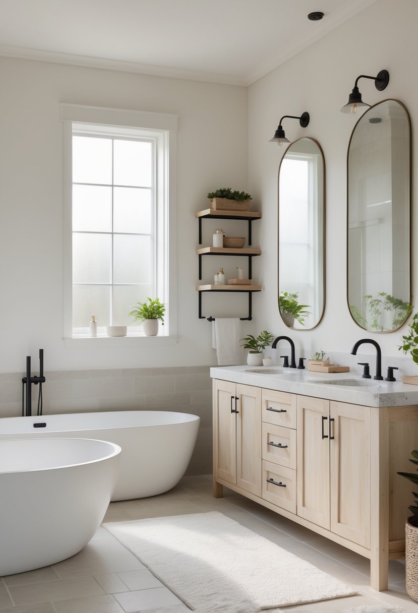 A bathroom with a freestanding bathtub, double sink vanity, wood cabinetry, and neutral colors.