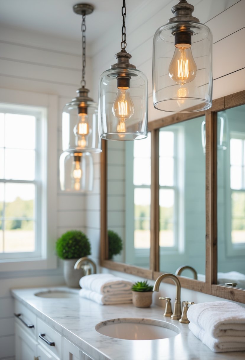 A bathroom with three glass lantern pendant lights hanging above a white vanity and a large mirror.