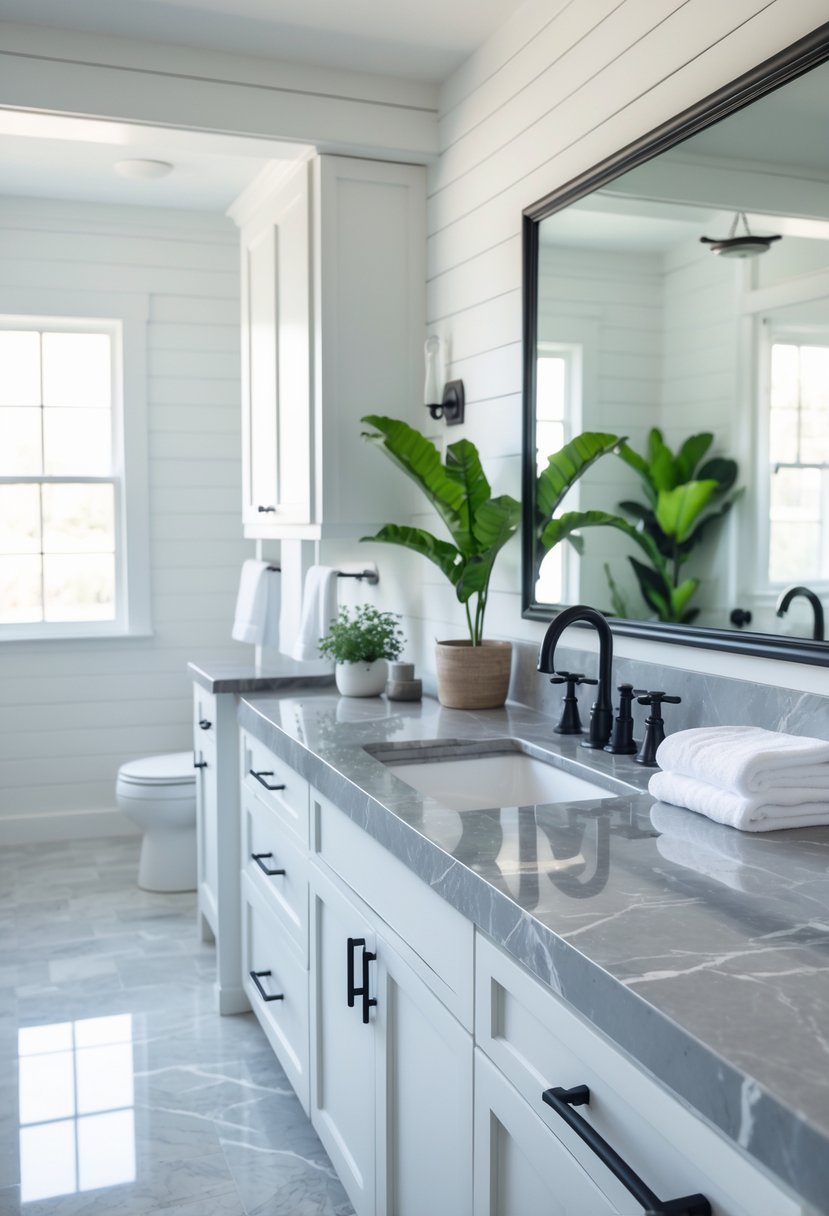 A bathroom with grey marble countertops, white cabinets, a farmhouse sink, and a large mirror.