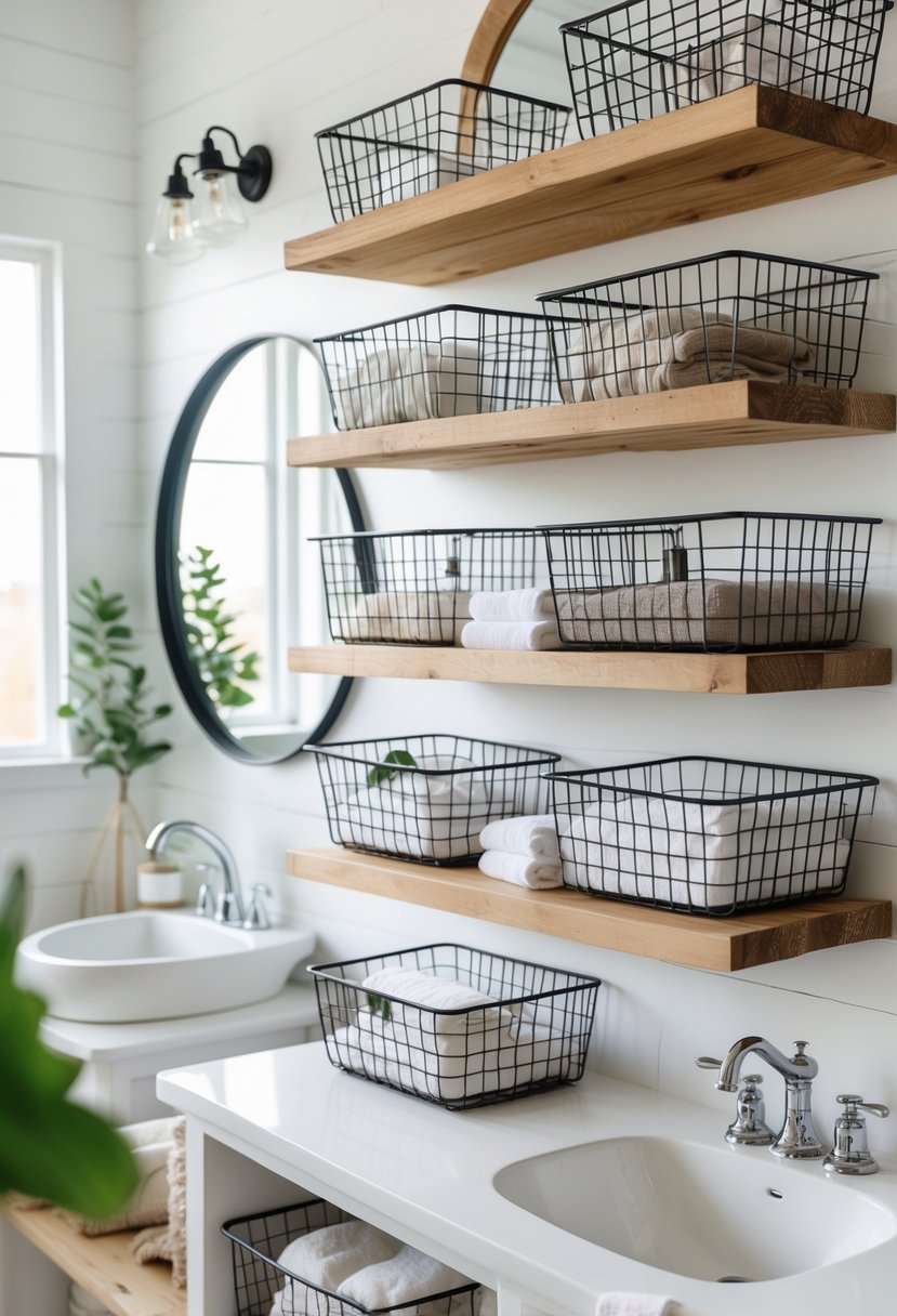 A bathroom with open wooden shelves holding wire baskets filled with towels and toiletries, a sink with a round mirror, and natural light illuminating the space.