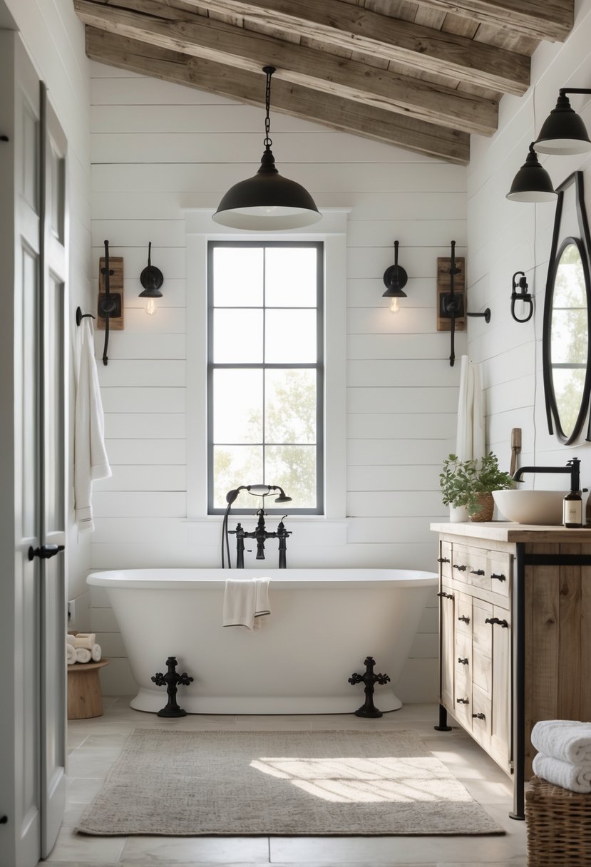 A bright bathroom with a freestanding bathtub and dark metal hardware on cabinets and towel racks.