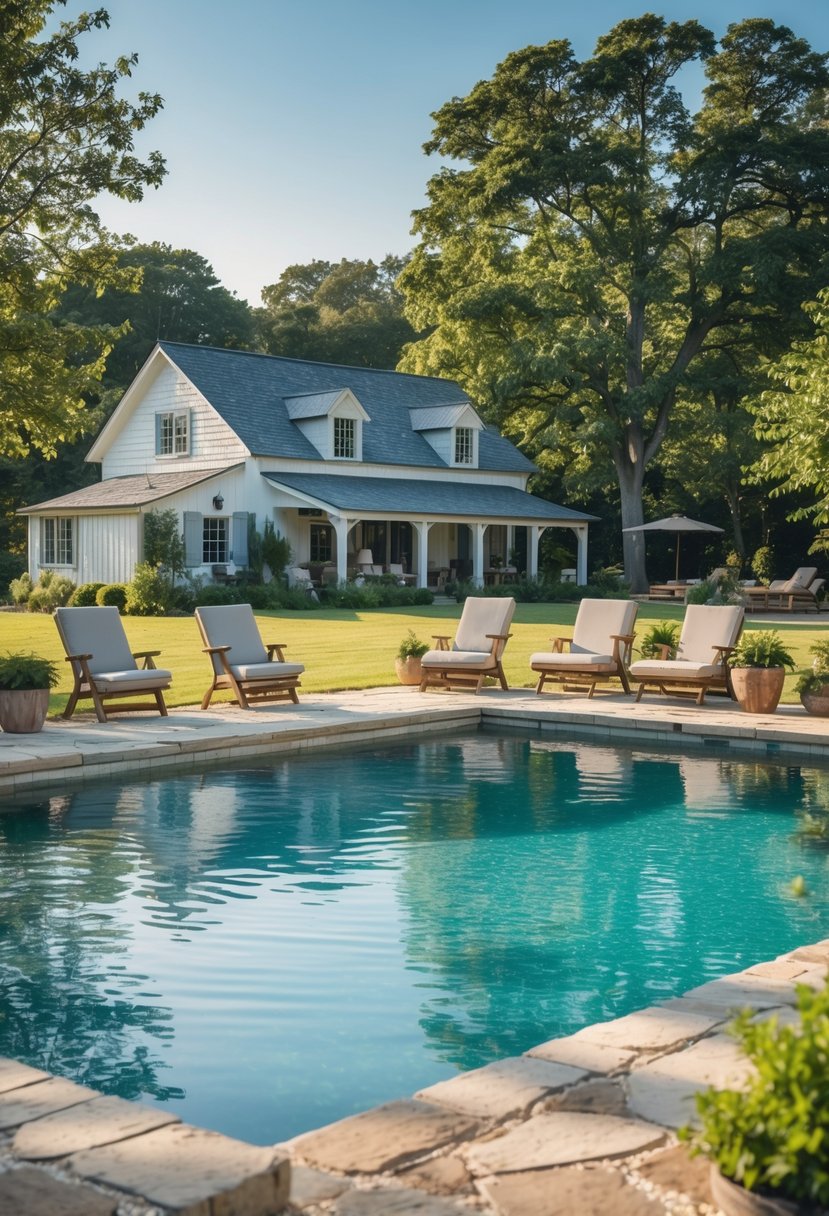 A farmhouse backyard with a large swimming pool, stone deck, wooden lounge chairs, and a farmhouse building in the background under a clear sky.
