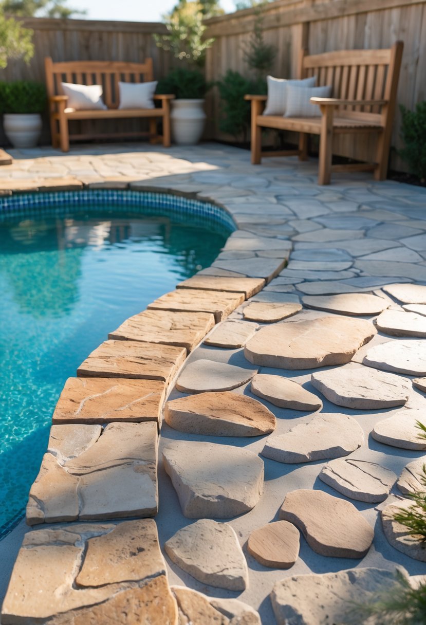 Natural stone pool deck with wooden accents surrounding a clear blue swimming pool in an outdoor setting.