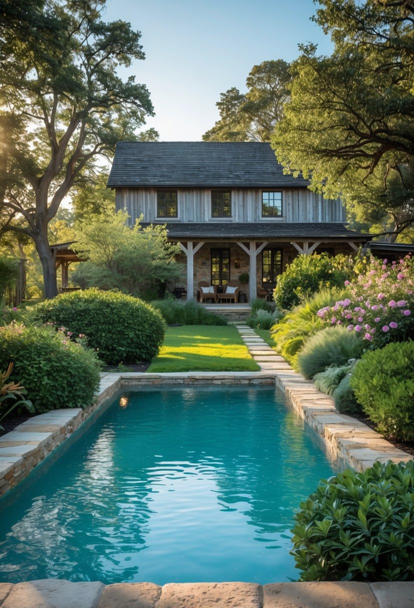 A rustic farmhouse swimming pool surrounded by lush green plants, trees, and flowers with a farmhouse in the background.