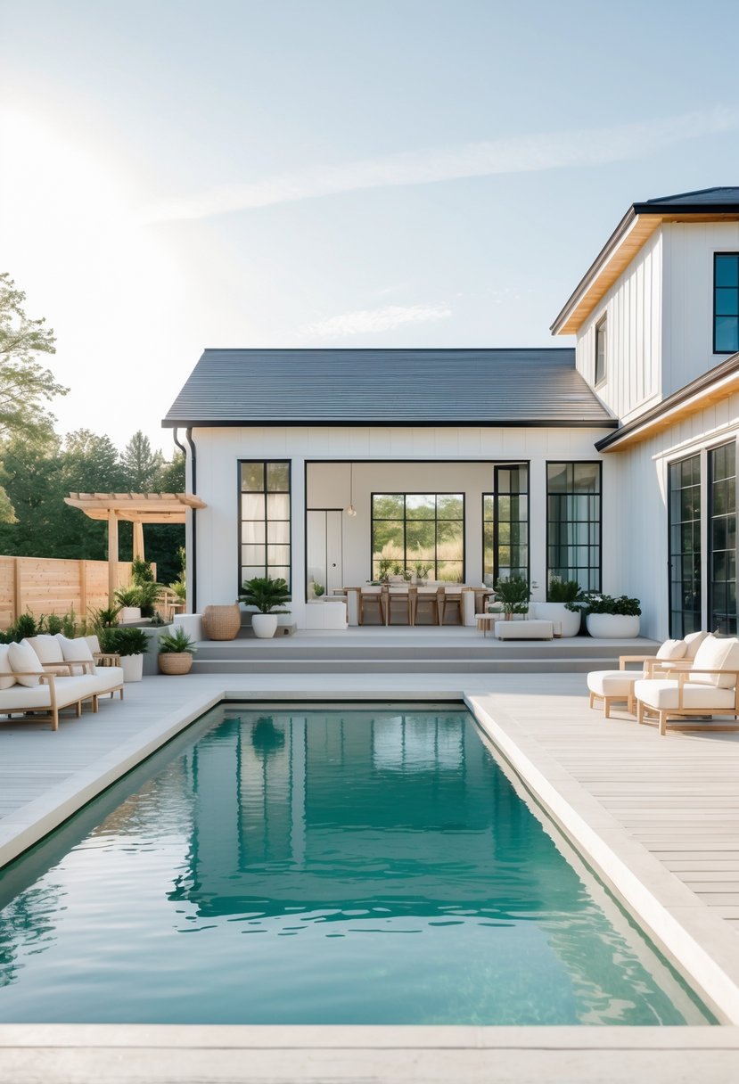 A rectangular swimming pool with clear water next to a house, surrounded by a light-colored deck and outdoor furniture.