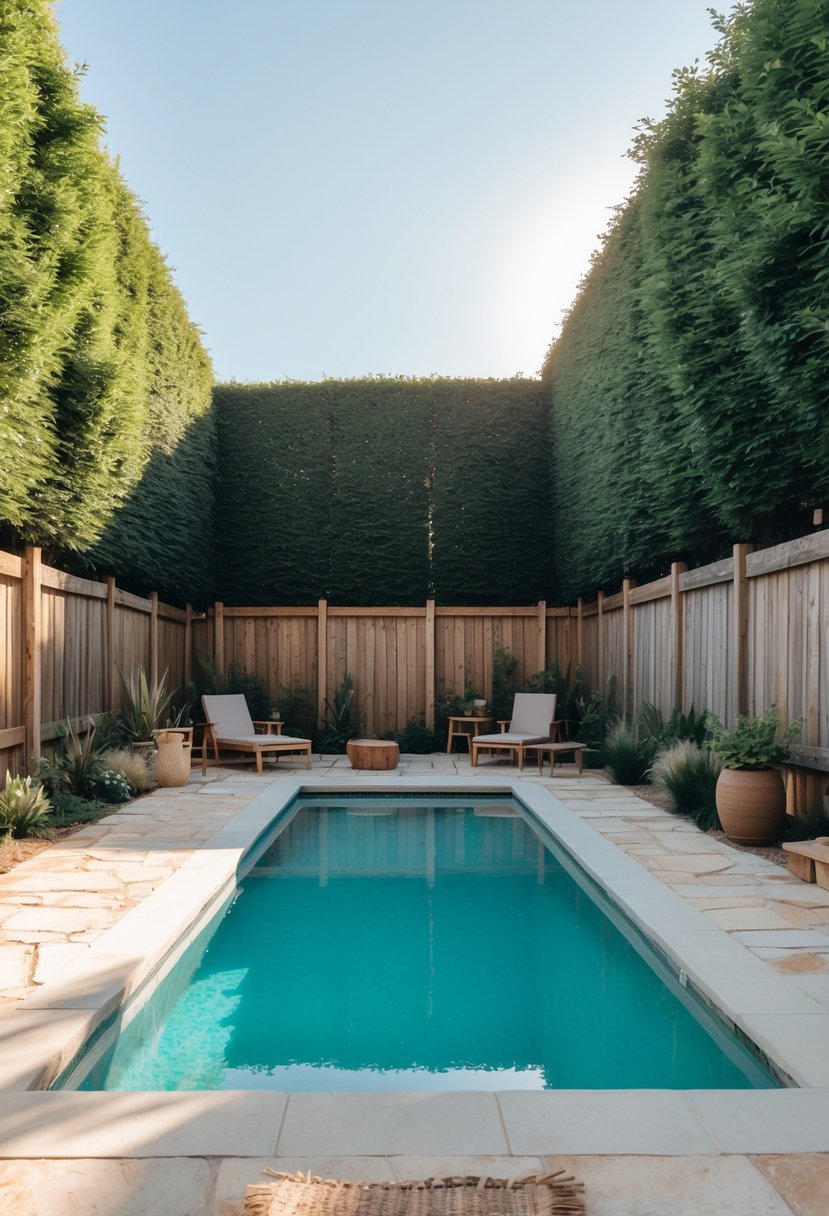 A farmhouse swimming pool area enclosed by tall green hedges and wooden fences, with clear blue water and rustic outdoor furniture.