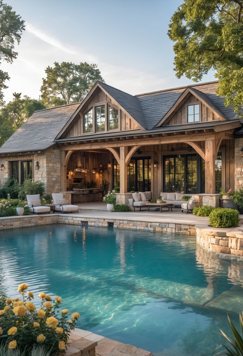 A farmhouse pool house next to a clear swimming pool surrounded by greenery and outdoor seating.