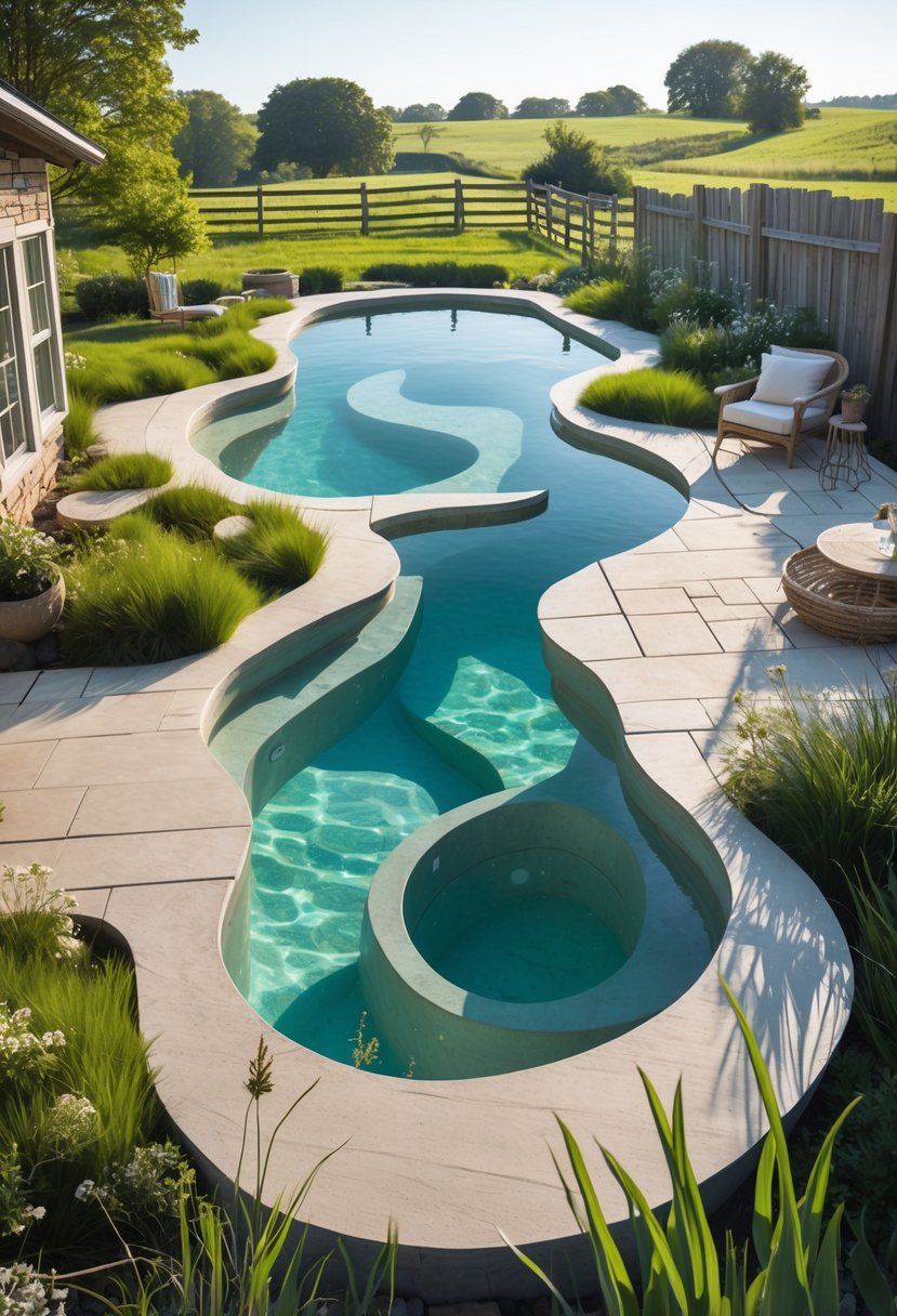 A farmhouse swimming pool with organic shapes surrounded by greenery and natural stone decking.