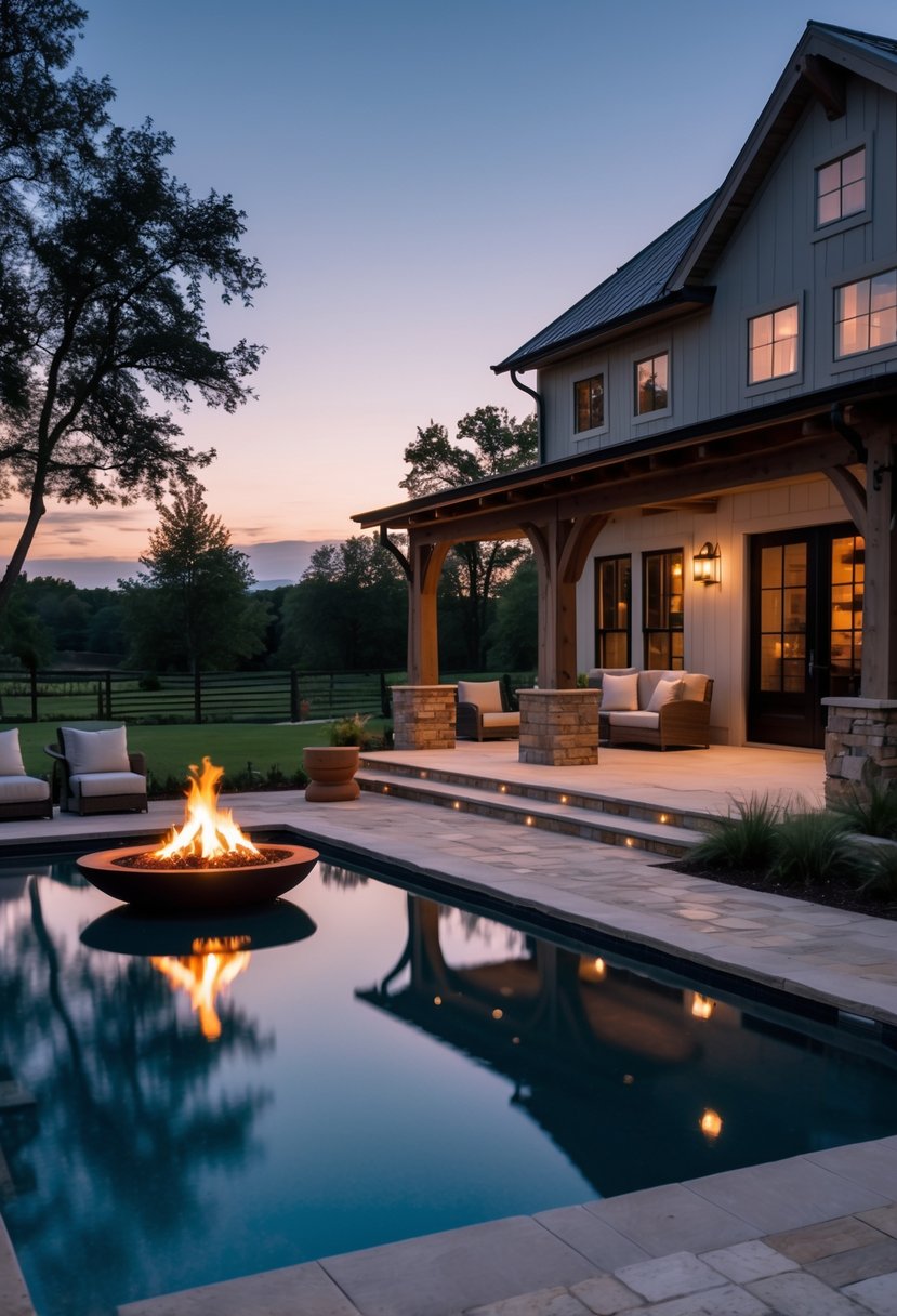 An outdoor evening scene showing a farmhouse swimming pool next to a glowing fire pit with seating around it.