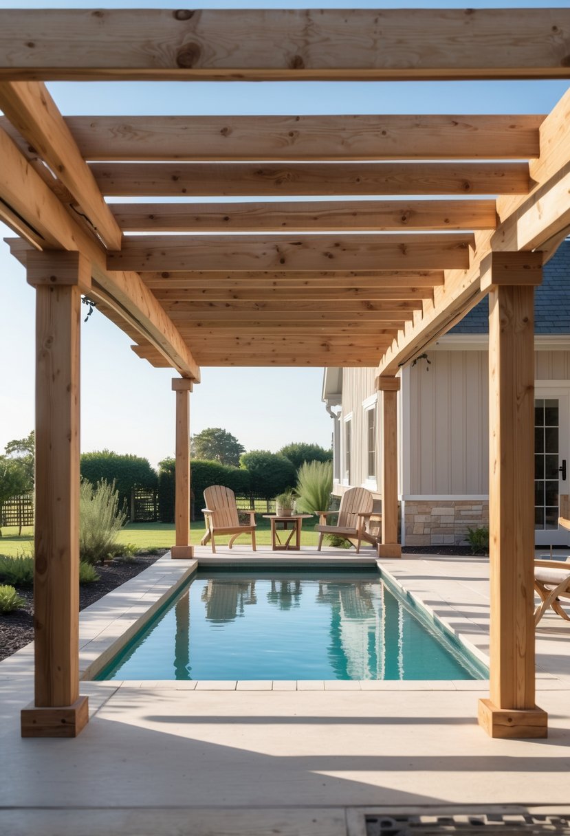 A natural wood pergola partially covering a farmhouse swimming pool deck with outdoor furniture and clear pool water.