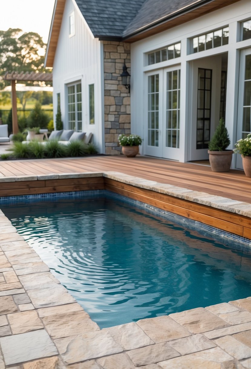 A farmhouse swimming pool with a deck made of stone and wood surrounding clear blue water.