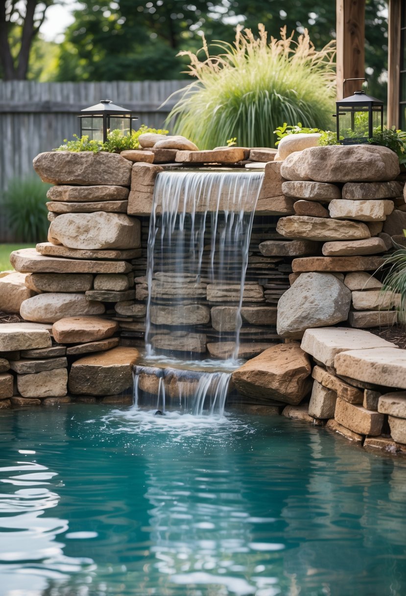 A farmhouse swimming pool with a waterfall flowing over reclaimed stone surrounded by greenery.