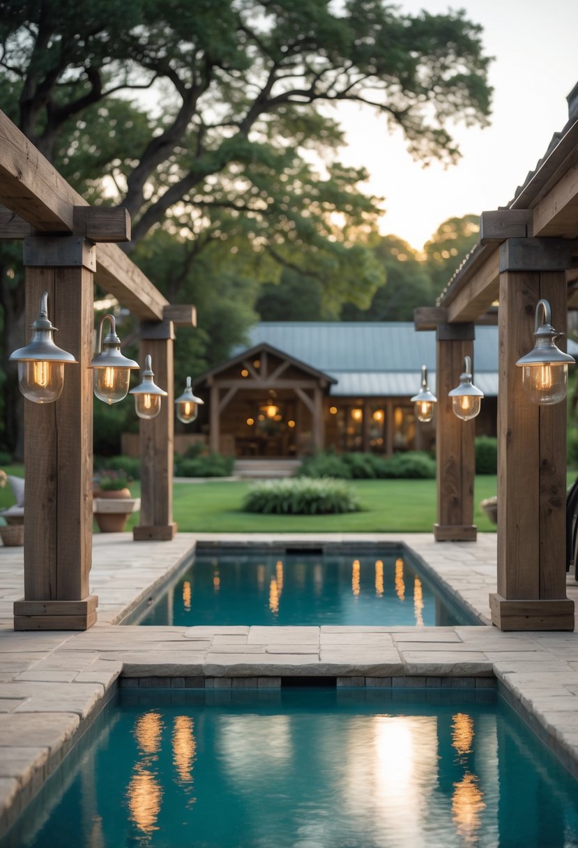 Outdoor swimming pool area with rustic lighting fixtures and surrounding greenery under clear daylight.
