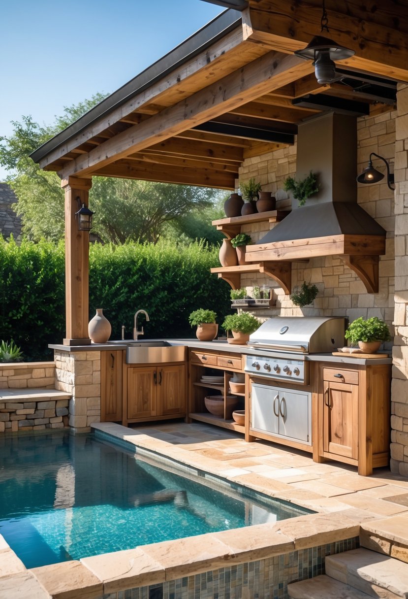 Outdoor kitchen with rustic wood and stone elements next to a farmhouse-style swimming pool surrounded by greenery.