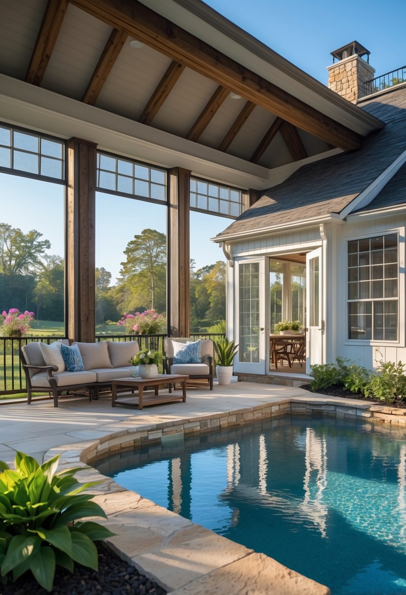 Screened porch connected to a pool house next to a farmhouse swimming pool surrounded by greenery.