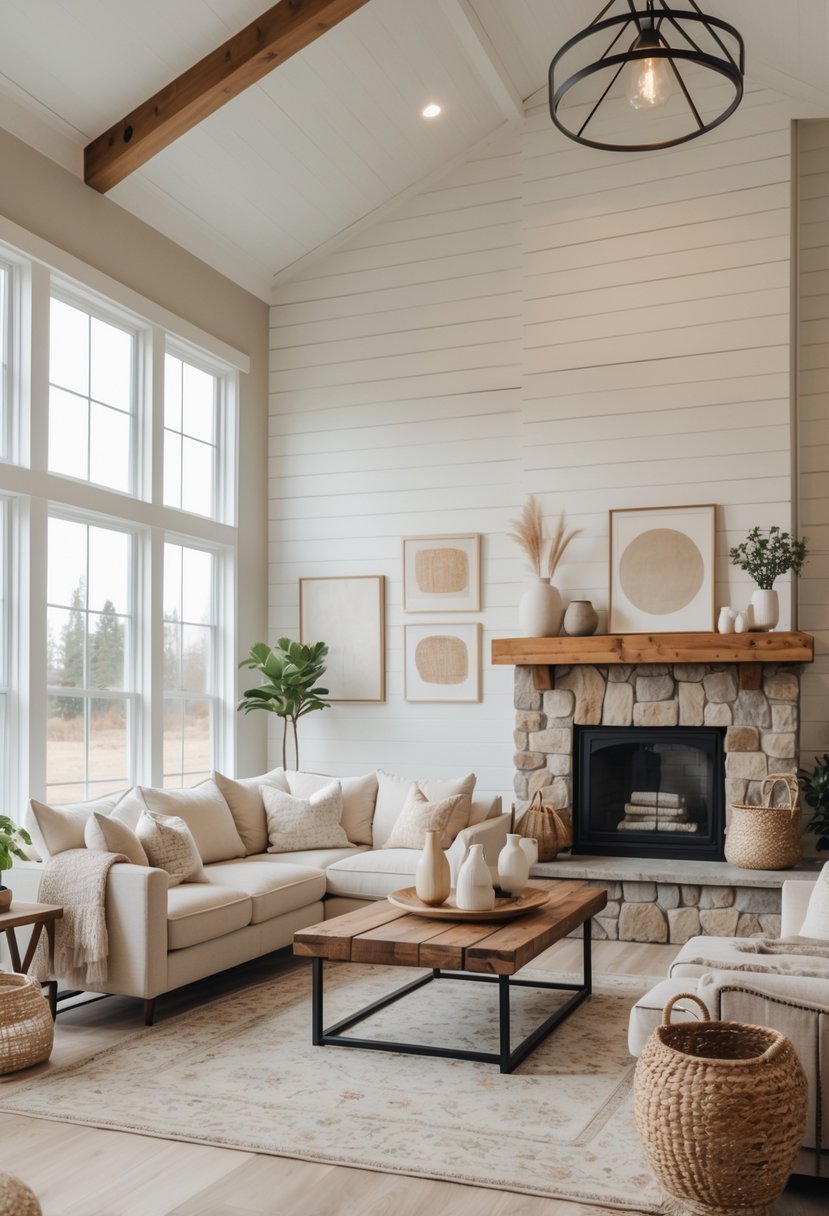 A bright living room with a sectional sofa, wooden coffee table, fireplace, and large windows letting in natural light.