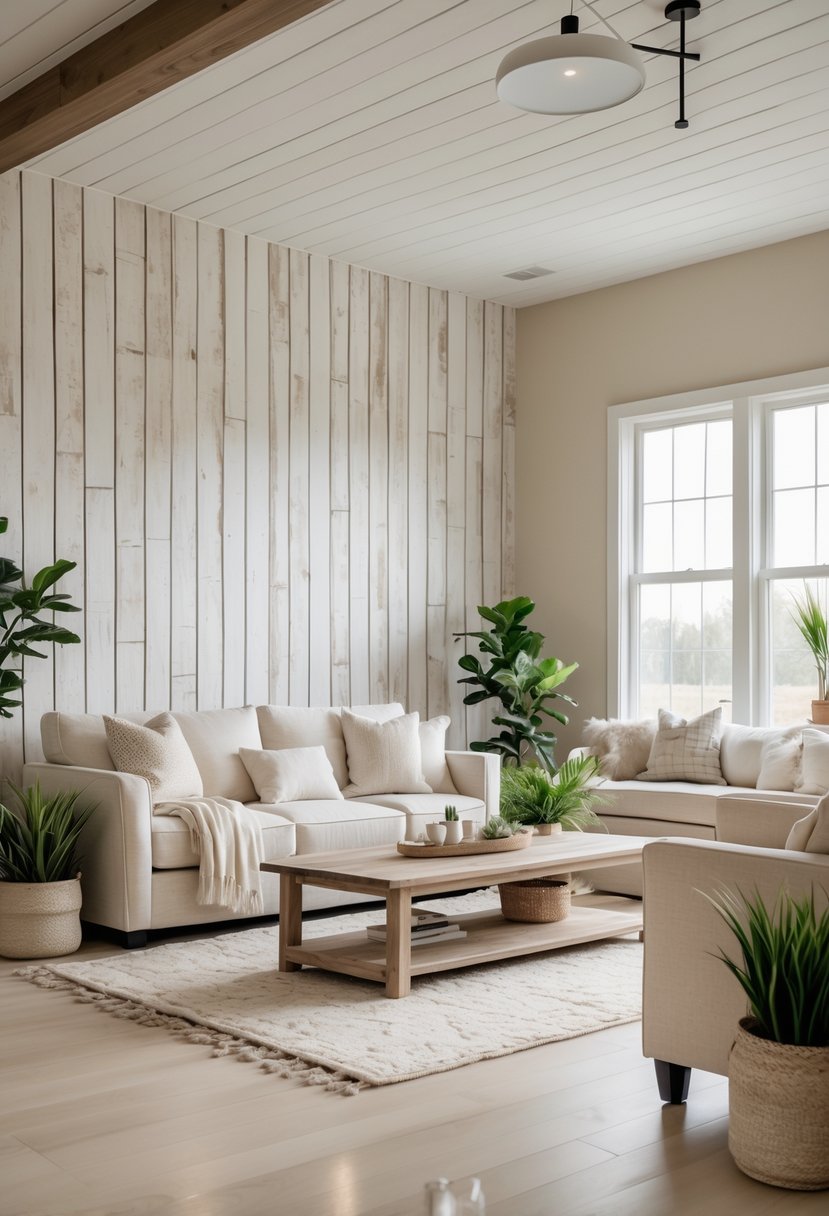 A bright living room with wood-paneled walls, a beige sofa, wooden coffee table, plants, and natural light from a large window.