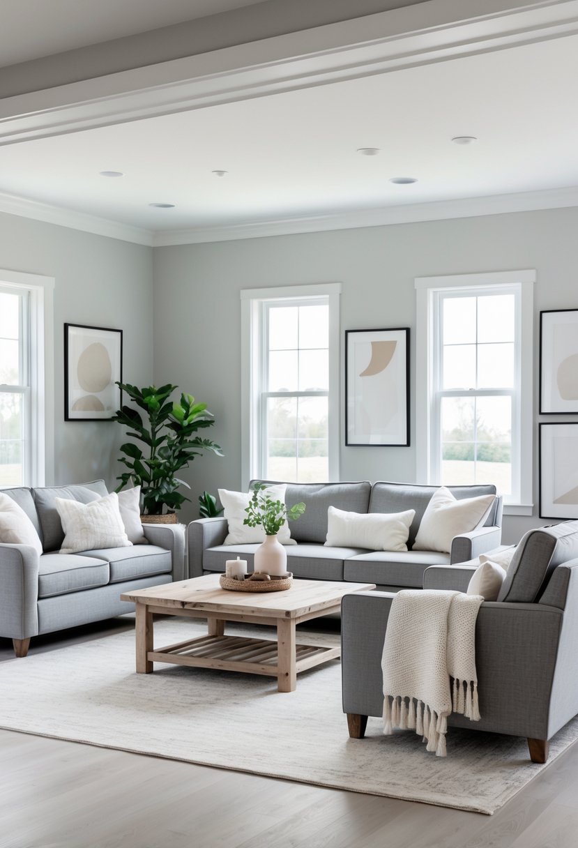 A bright living room with gray sofa, armchairs, wooden coffee table, large windows, and neutral decor.