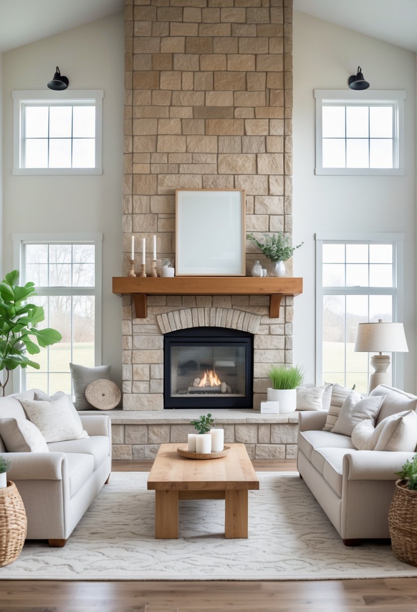 A living room with a stone or brick fireplace as the central feature, surrounded by comfortable seating and natural light.