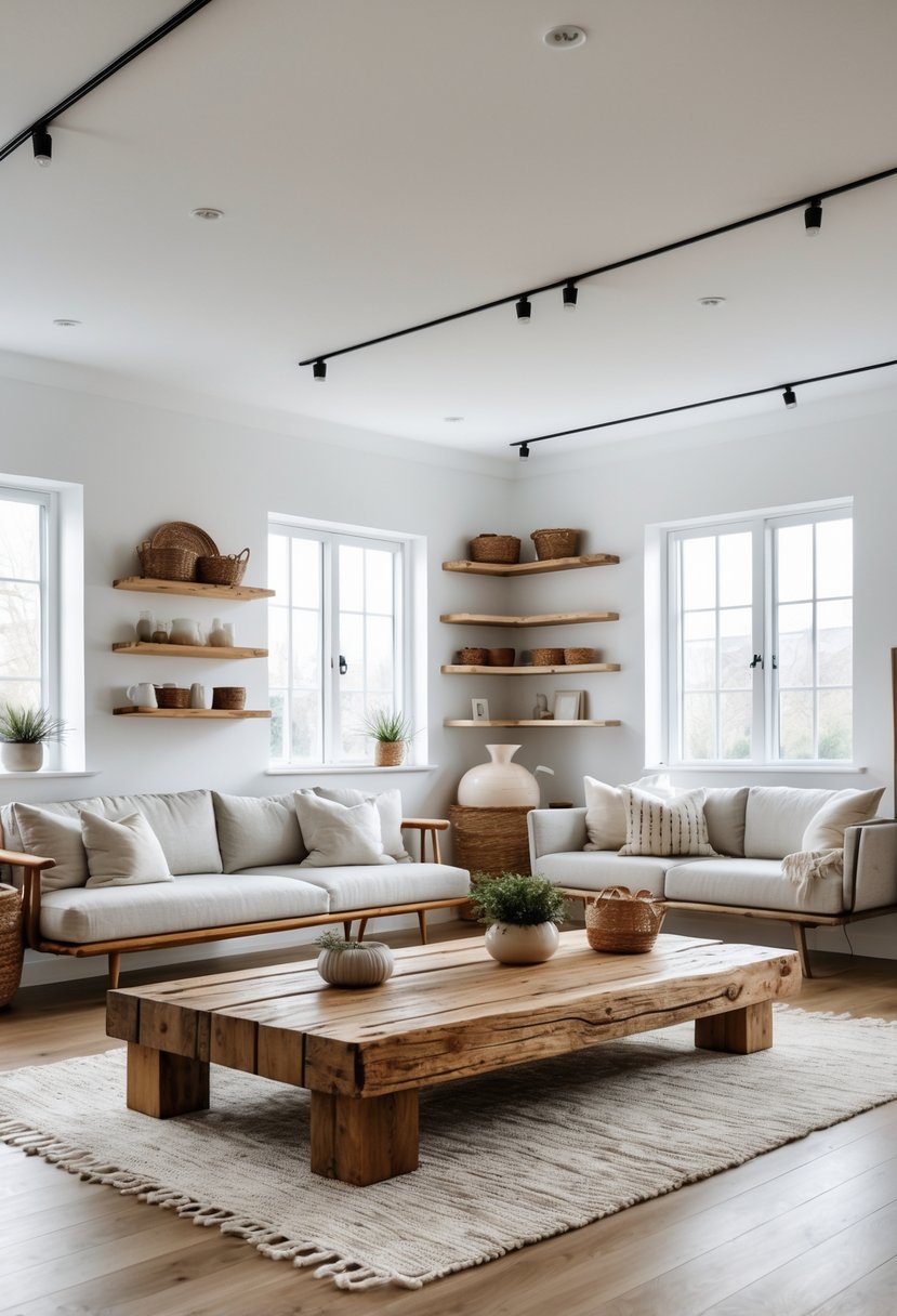 A bright living room with wooden furniture, a sofa, coffee table, shelves, and large windows letting in natural light.