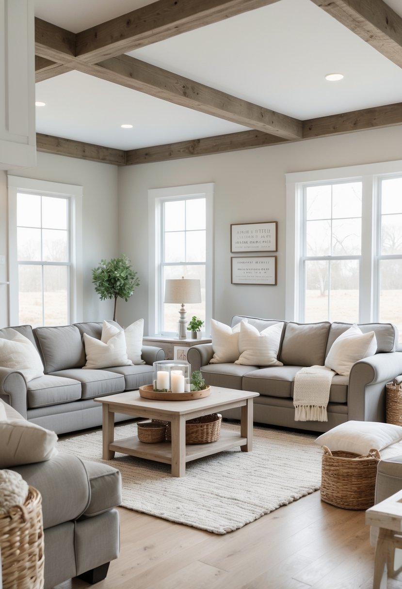 A bright living room with cozy overstuffed sofas in muted colors arranged around a wooden coffee table with natural light coming through large windows.