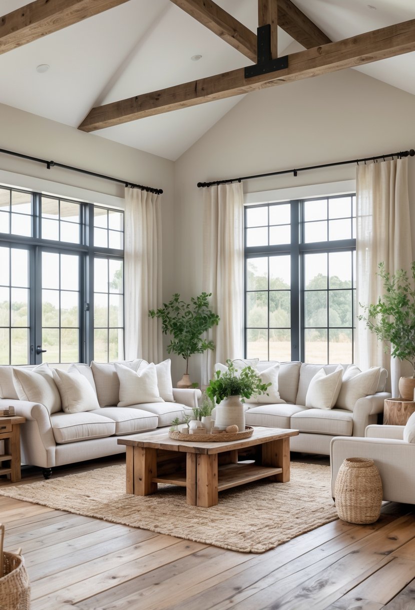 A bright living room with a large sofa, armchairs, wooden floor, and large windows letting in natural light.