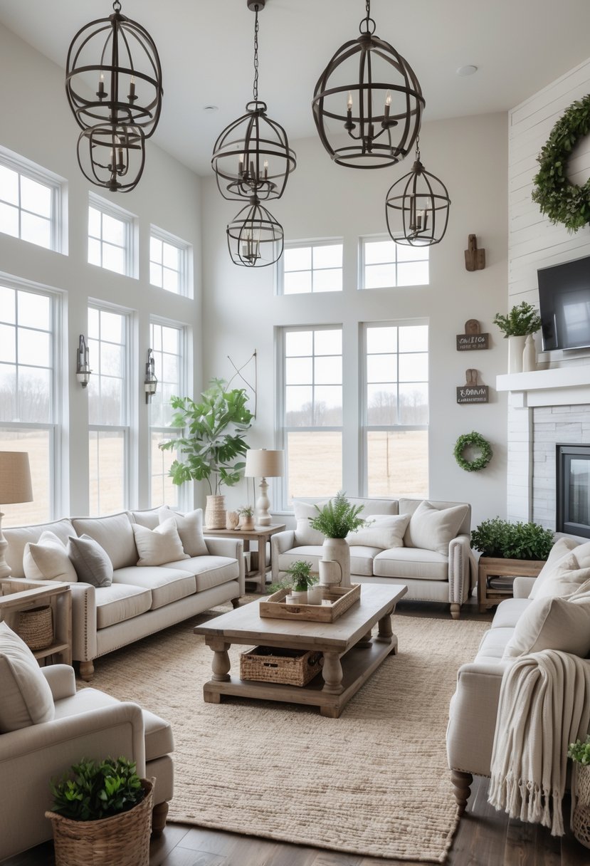 A bright living room with comfortable seating, wooden tables, large windows, and hanging wrought iron light fixtures.