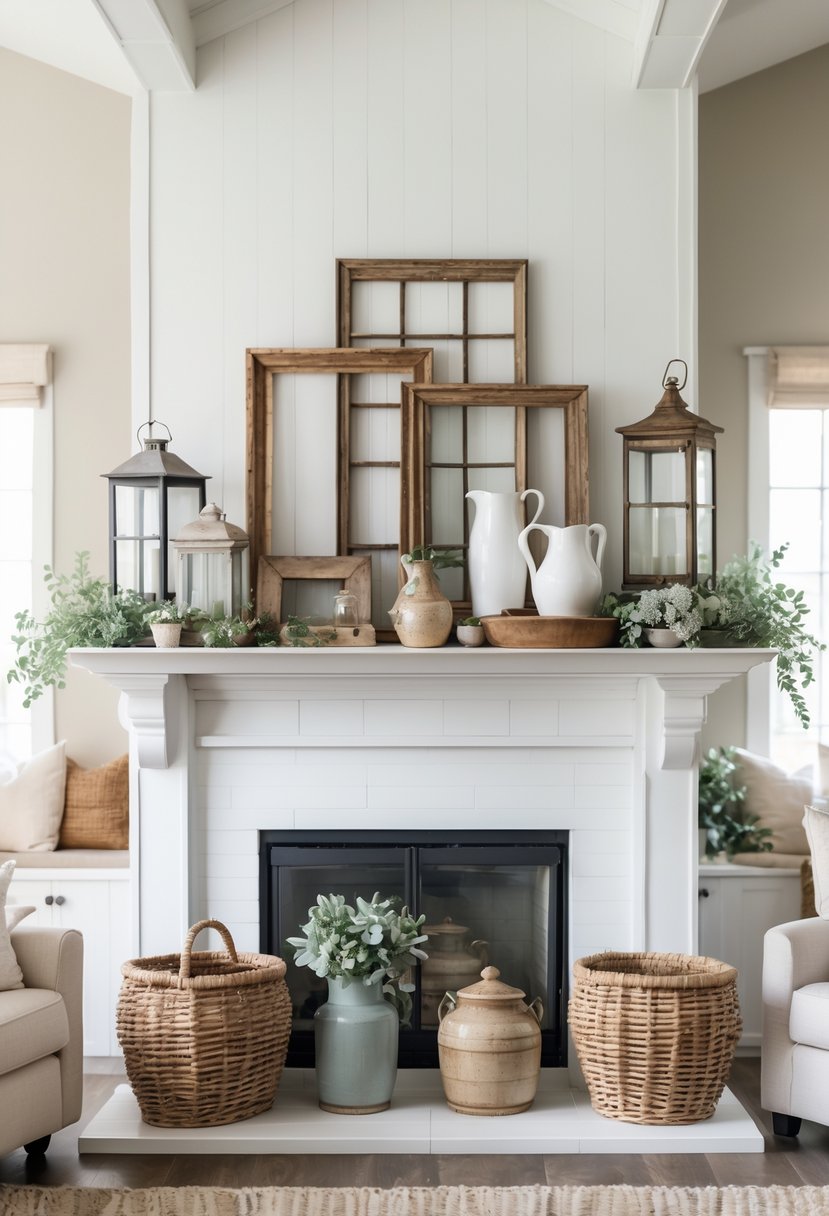 A living room with a mantel decorated with vintage farmhouse items including wooden frames, lanterns, and baskets.