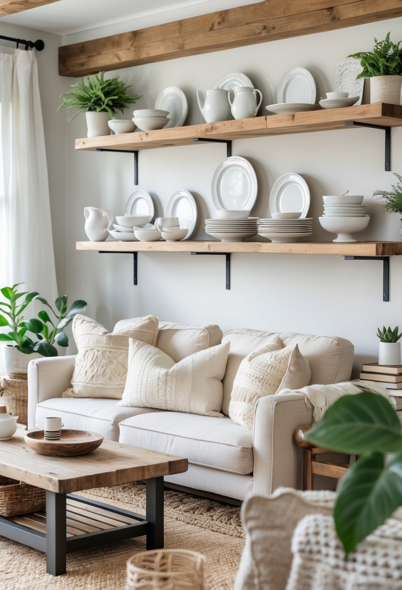 A living room with open wooden shelves displaying white ceramic dishware, a sofa, coffee table, and plants in a bright and cozy setting.