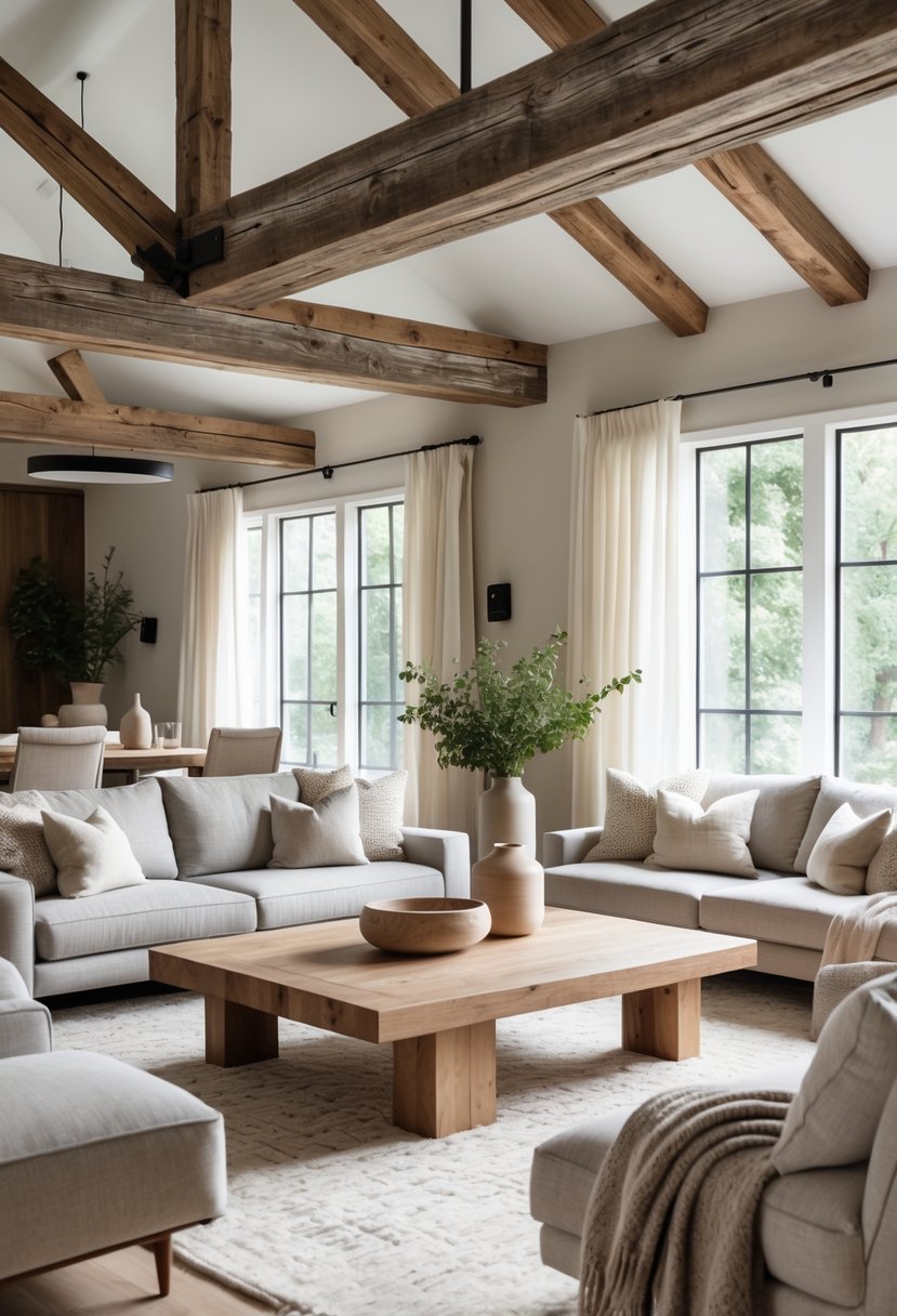 A living room with wooden furniture, comfortable sofas, and decorative pillows arranged around a coffee table under natural light.
