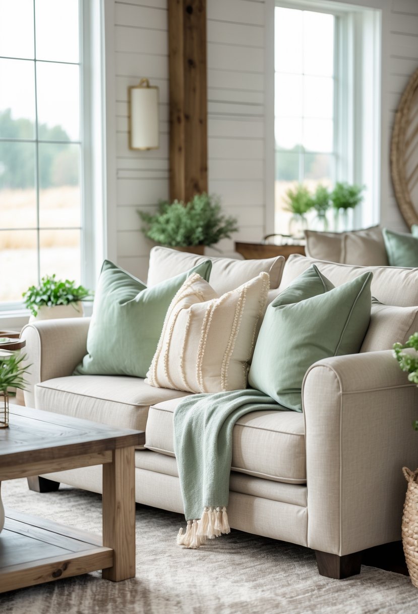 A living room with a sofa decorated with layered sage green and cream throw pillows, natural light, and wooden furniture.
