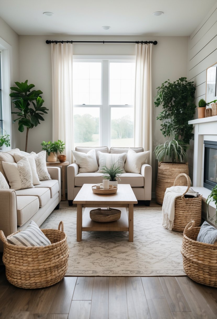 A living room with comfortable seating, wooden furniture, plants, and woven baskets used for storage.