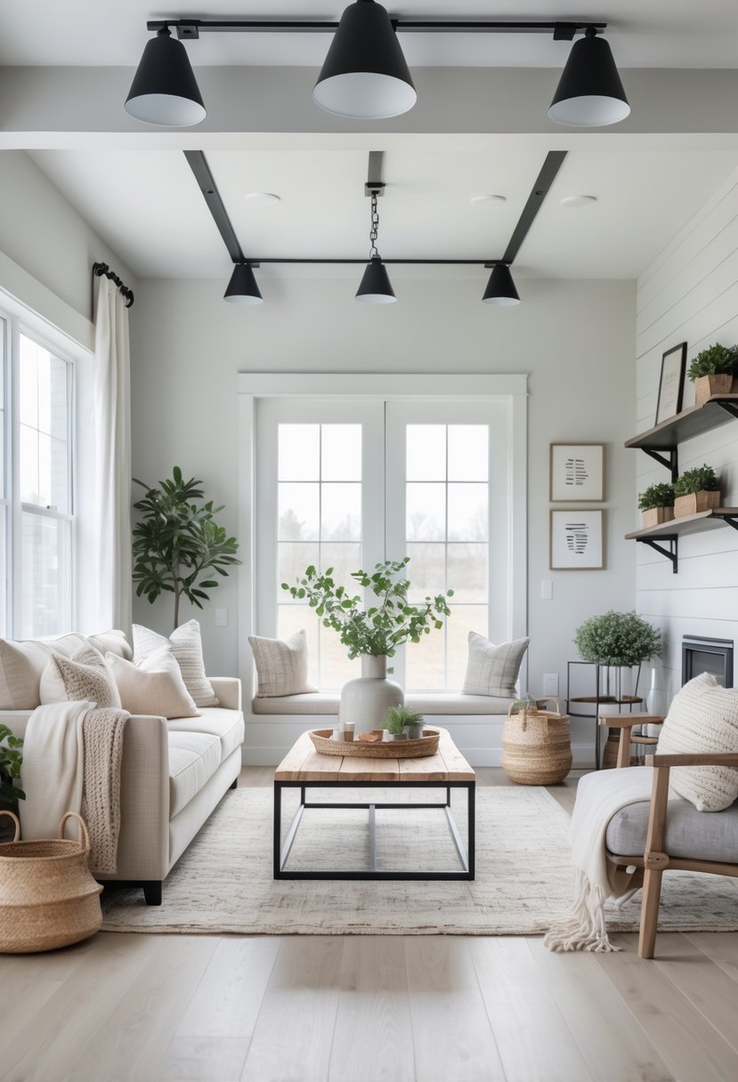 A bright living room with a sofa, wooden coffee table, large windows, and modern light fixtures.