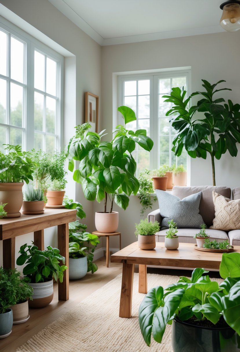 A living room with potted herbs and large leafy plants, a sofa, coffee table, and natural light coming through windows.