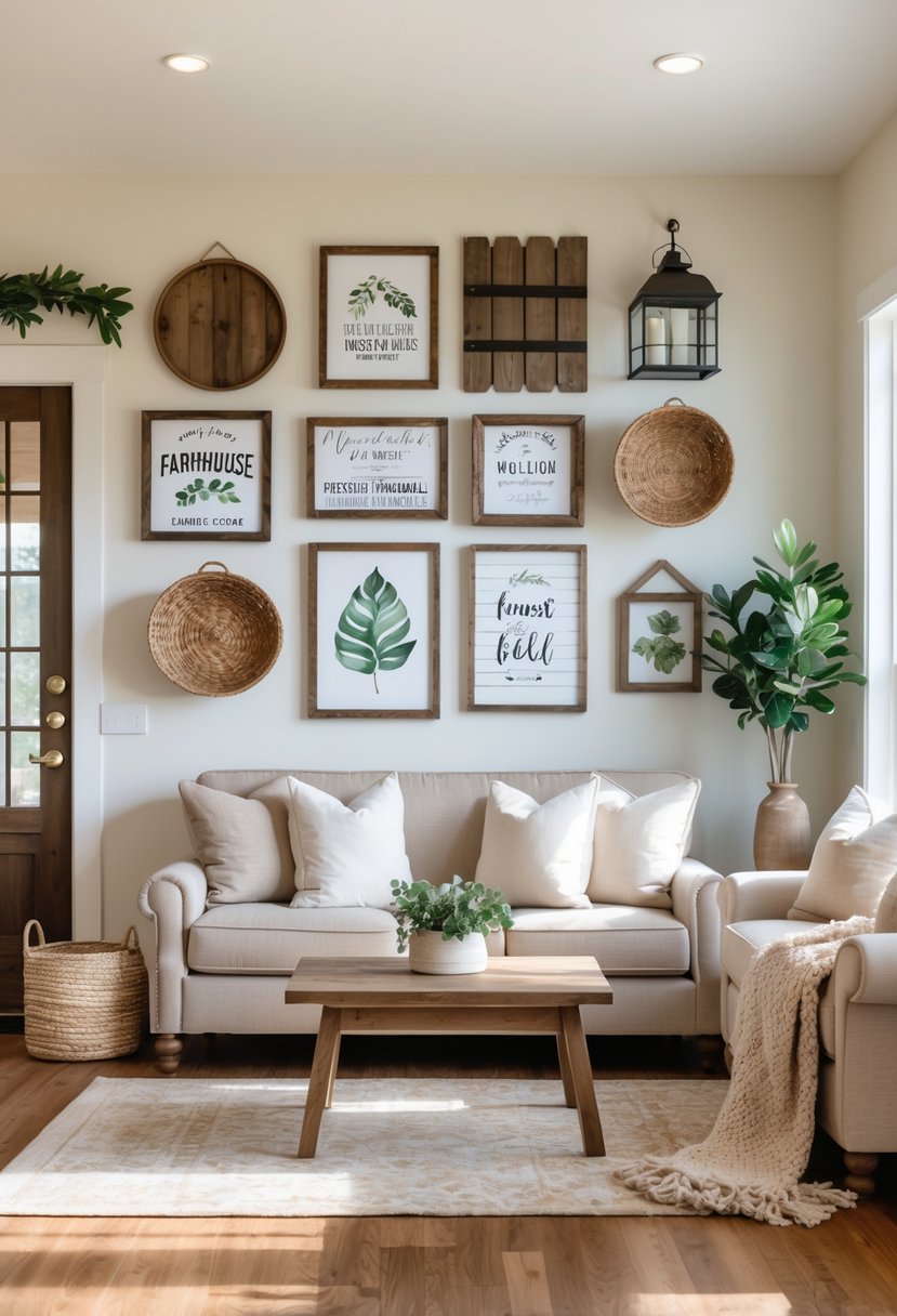 A cozy living room with a beige sofa and 15 farmhouse-style wall decorations on a light wall, featuring rustic wood and botanical art.