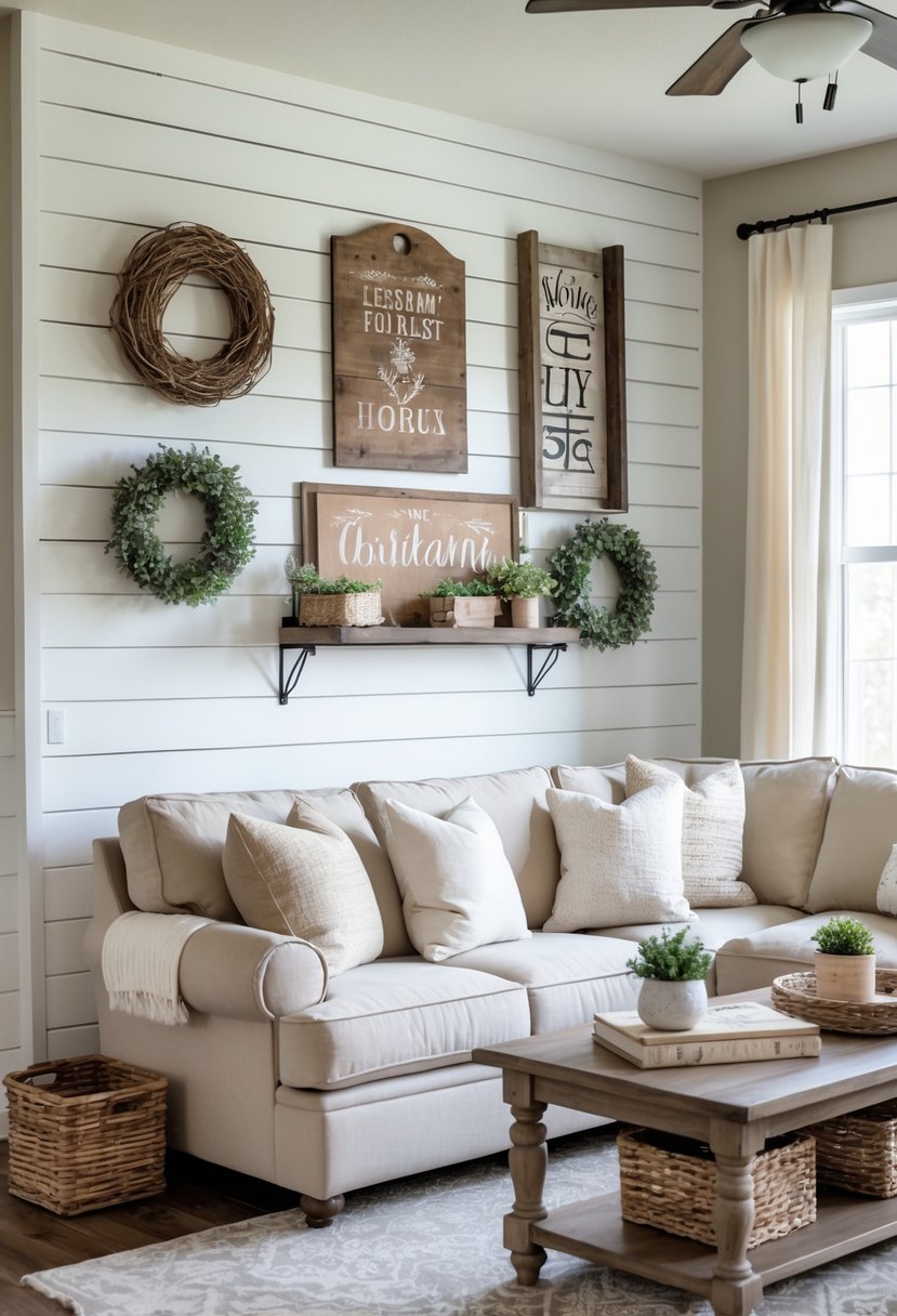 Living room with a white shiplap accent wall decorated with farmhouse-style decor, featuring a sofa, coffee table, and natural lighting.