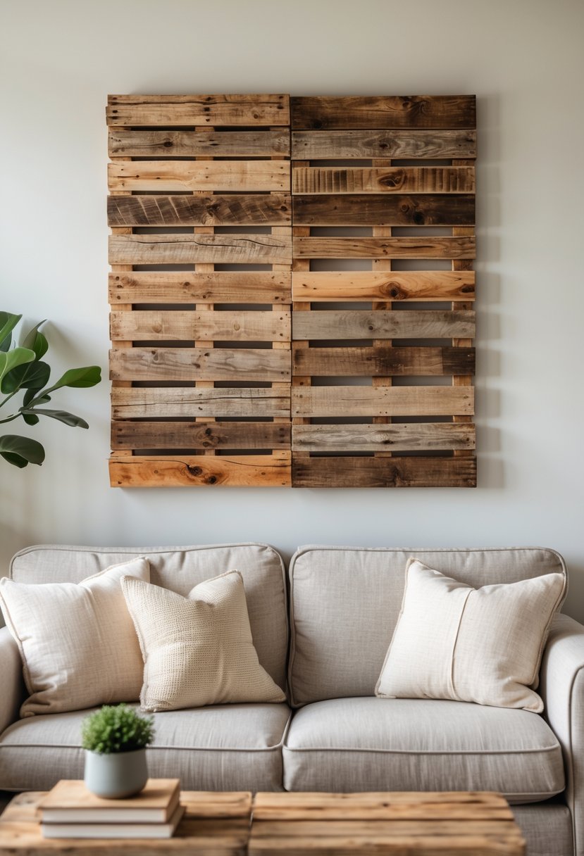 A wooden pallet art piece hanging on a wall above a sofa in a living room with natural light and simple decor.