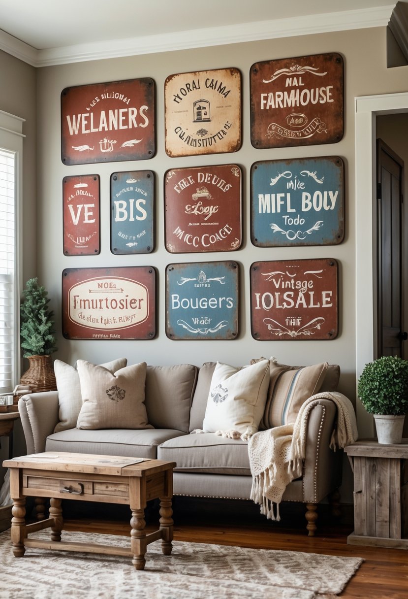 A living room wall decorated with several vintage metal farmhouse signs above a cozy seating area with wooden furniture and soft lighting.
