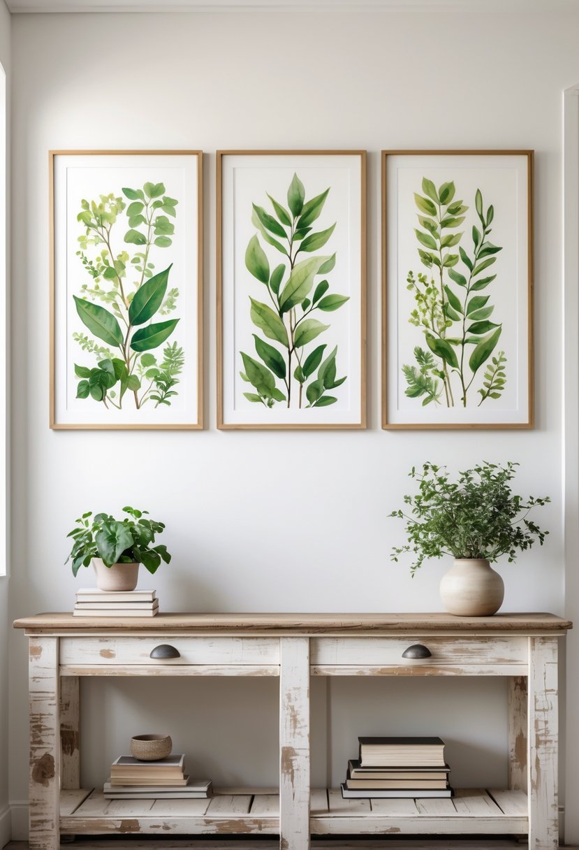 Living room wall with three framed botanical prints above a wooden console table decorated with plants and books.