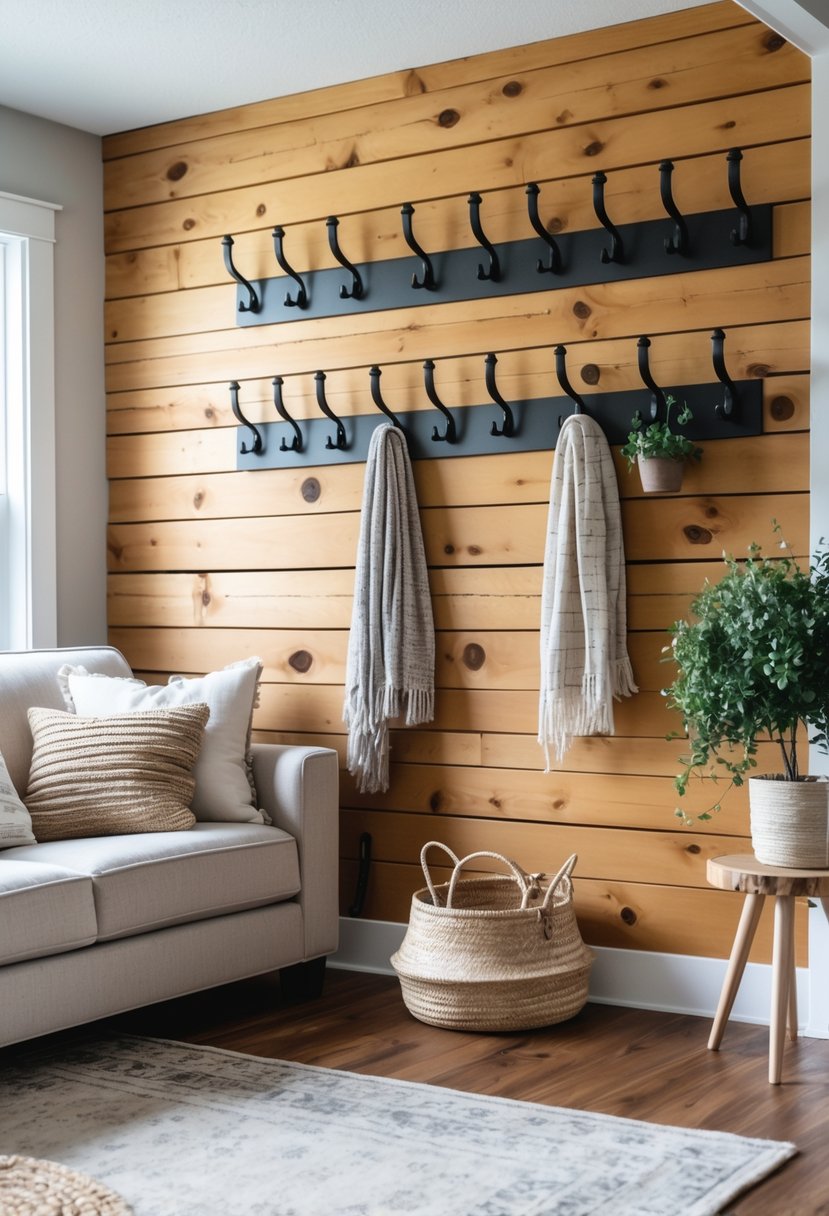 Living room wall with 15 rustic barn door hooks holding baskets and scarves above a sofa.