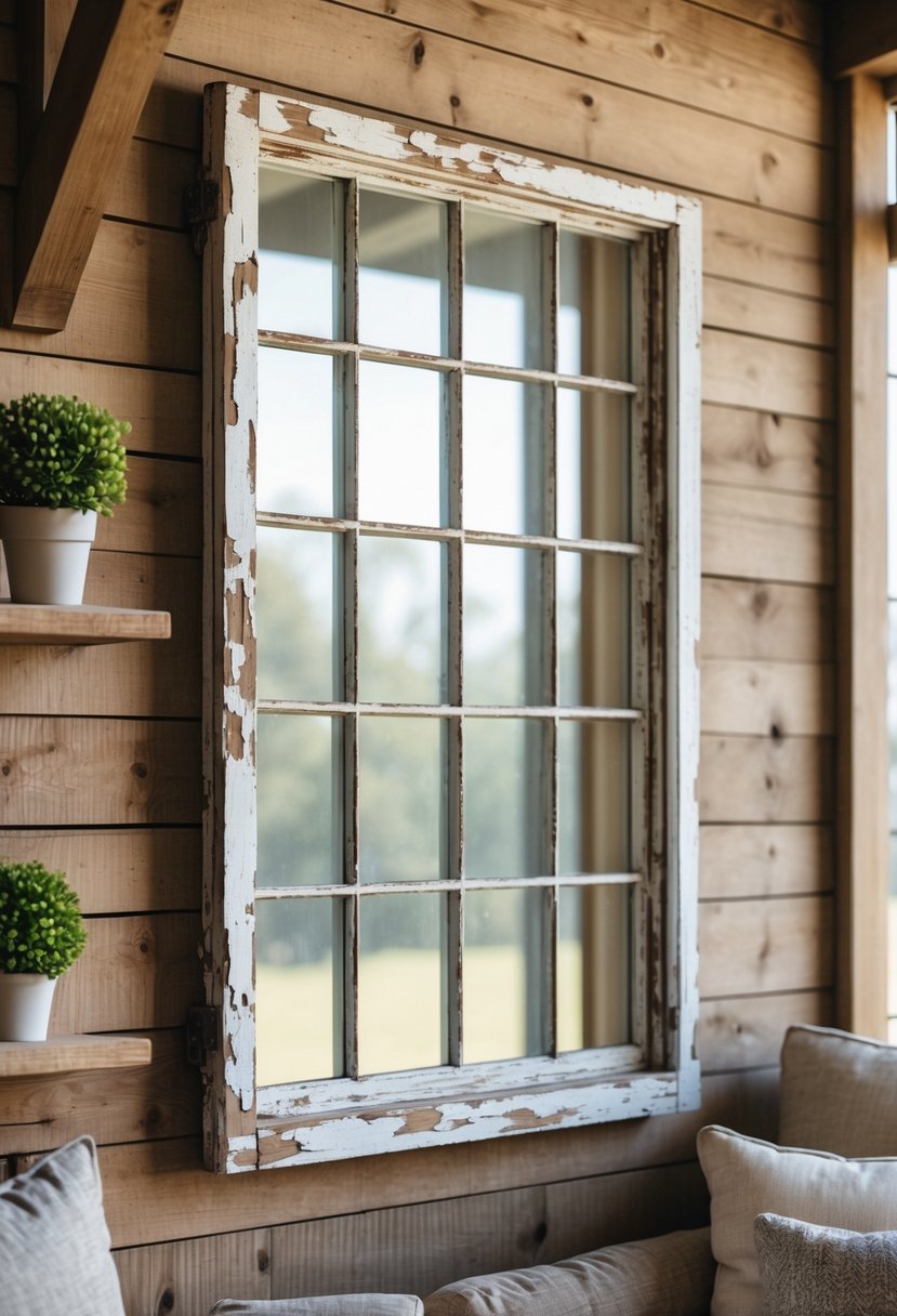 An antique window pane frame with 15 glass panes mounted on a wooden wall in a living room.